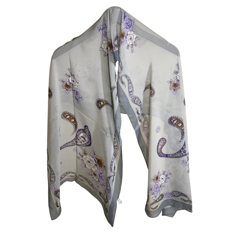 Floral Paisley Sheer Scarf Grey Purple Lavender Rectangular Lightweight Wrap